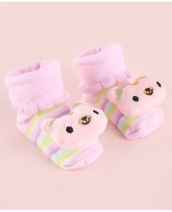 Cute Walk by Babyhug Fabric Socks Shoes With Strips & Large Animal Applique - Pink