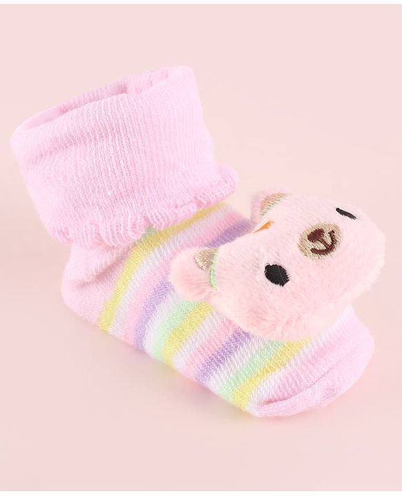 Cute Walk by Babyhug Fabric Socks Shoes With Strips & Large Animal Applique - Pink