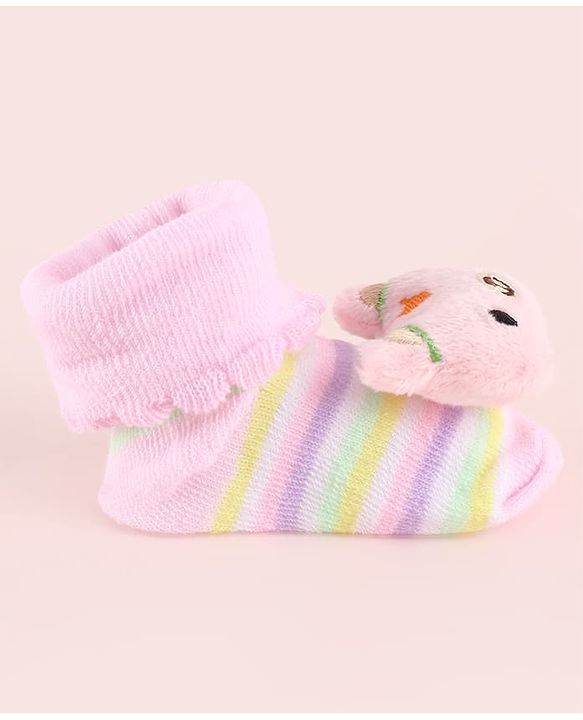 Cute Walk by Babyhug Fabric Socks Shoes With Strips & Large Animal Applique - Pink