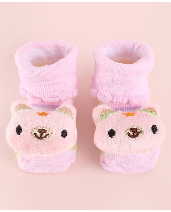 Cute Walk by Babyhug Fabric Socks Shoes With Strips & Large Animal Applique - Pink
