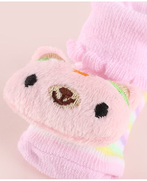 Cute Walk by Babyhug Fabric Socks Shoes With Strips & Large Animal Applique - Pink