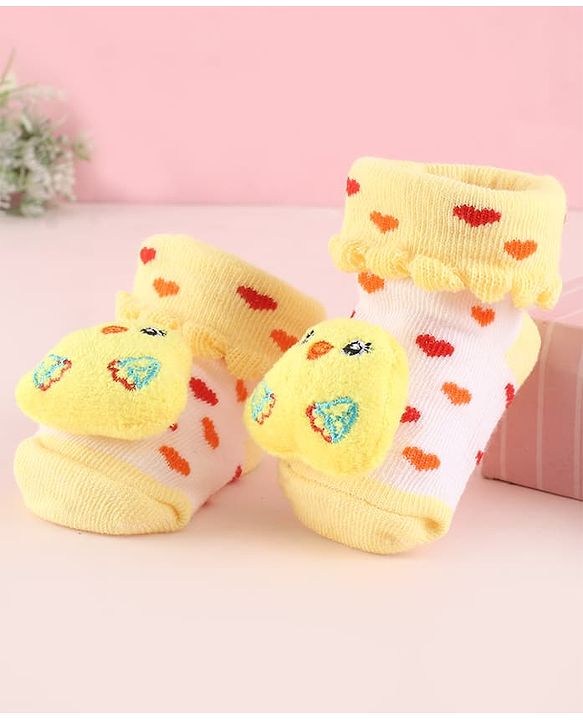 Cute Walk by Babyhug Fabric Socks Shoes With Hearts & Large Chick Applique - Yellow