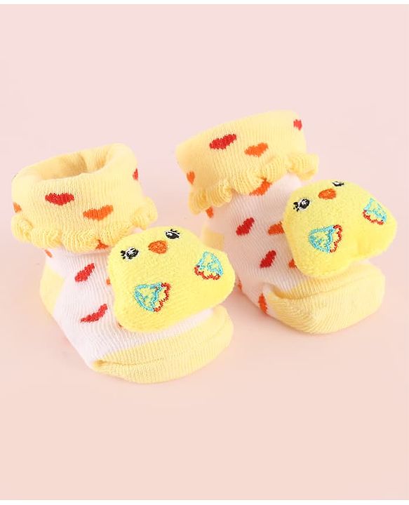 Cute Walk by Babyhug Fabric Socks Shoes With Hearts & Large Chick Applique - Yellow