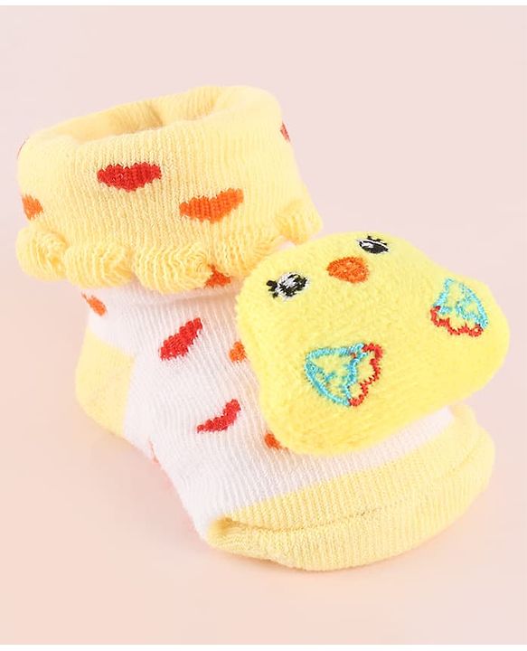 Cute Walk by Babyhug Fabric Socks Shoes With Hearts & Large Chick Applique - Yellow