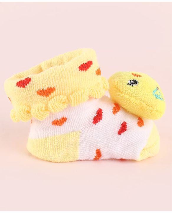 Cute Walk by Babyhug Fabric Socks Shoes With Hearts & Large Chick Applique - Yellow