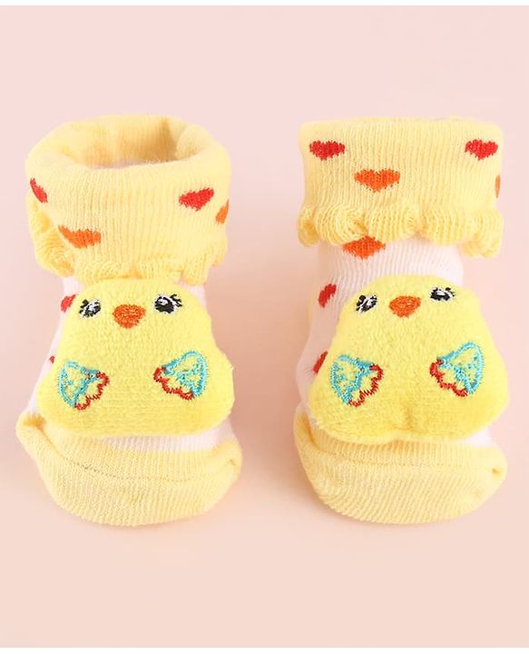 Cute Walk by Babyhug Fabric Socks Shoes With Hearts & Large Chick Applique - Yellow