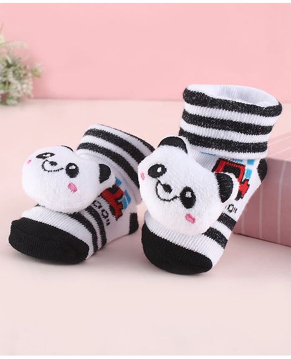 Cute Walk by Babyhug Fabric  Socks Shoes With Strips Vehicle & Large Panda Applique - White & Black