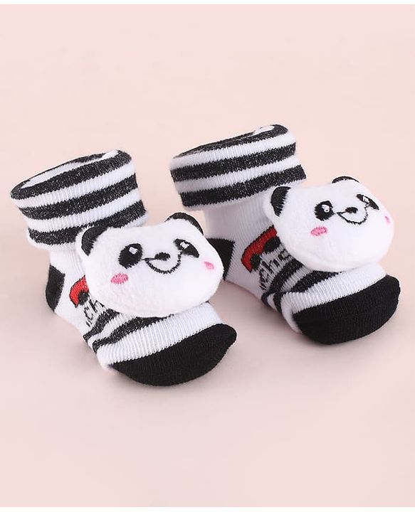 Cute Walk by Babyhug Fabric  Socks Shoes With Strips Vehicle & Large Panda Applique - White & Black