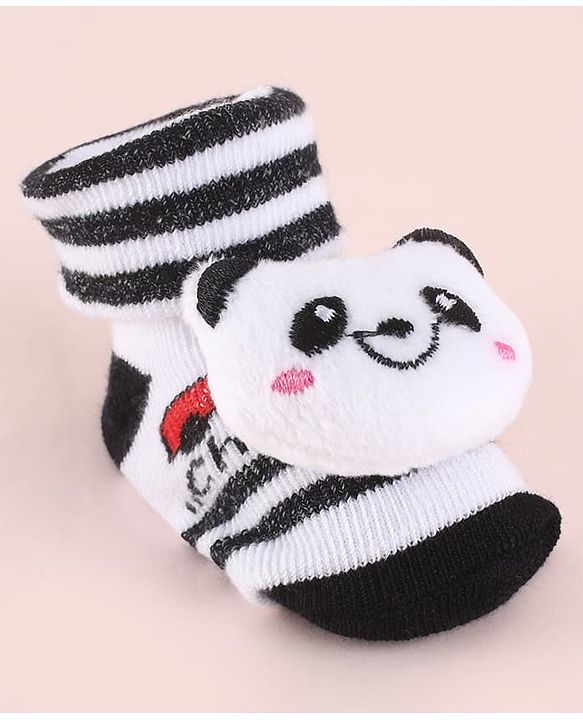 Cute Walk by Babyhug Fabric  Socks Shoes With Strips Vehicle & Large Panda Applique - White & Black