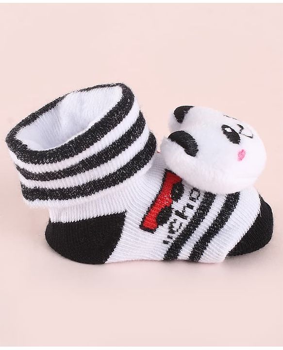 Cute Walk by Babyhug Fabric  Socks Shoes With Strips Vehicle & Large Panda Applique - White & Black