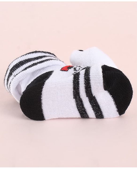 Cute Walk by Babyhug Fabric  Socks Shoes With Strips Vehicle & Large Panda Applique - White & Black