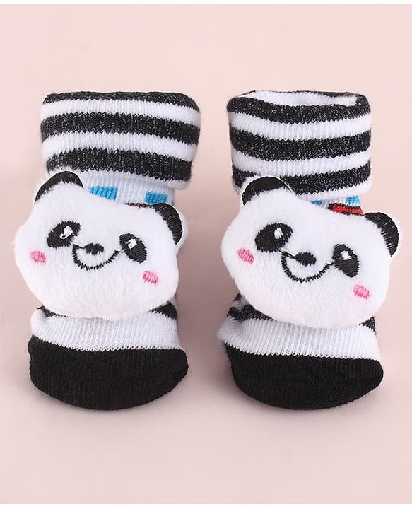 Cute Walk by Babyhug Fabric  Socks Shoes With Strips Vehicle & Large Panda Applique - White & Black