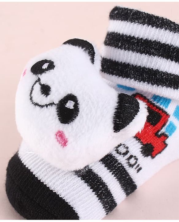 Cute Walk by Babyhug Fabric  Socks Shoes With Strips Vehicle & Large Panda Applique - White & Black
