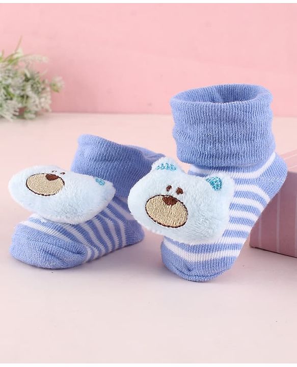 Cute Walk by Babyhug Fabric Socks Shoes With Strips & Large Bear Applique - Blue