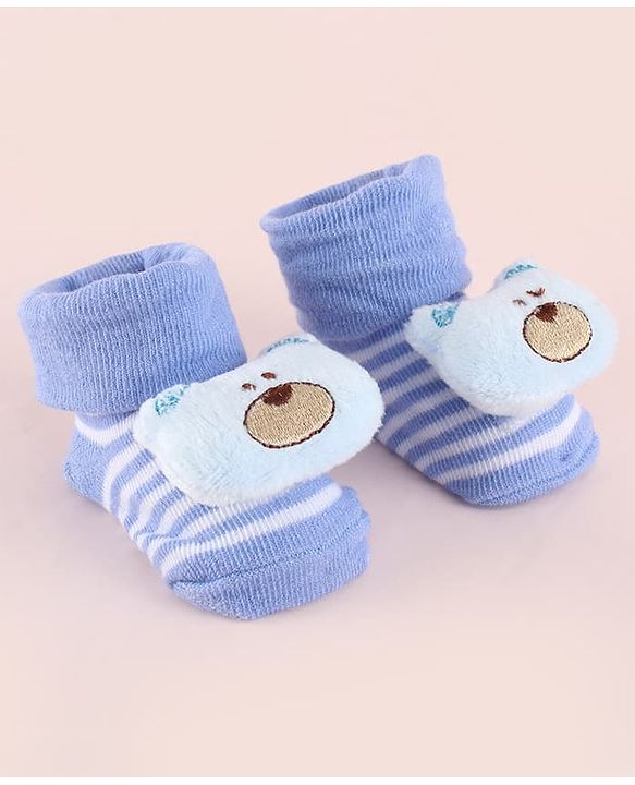 Cute Walk by Babyhug Fabric Socks Shoes With Strips & Large Bear Applique - Blue