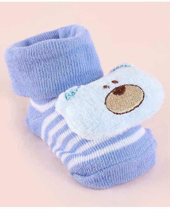 Cute Walk by Babyhug Fabric Socks Shoes With Strips & Large Bear Applique - Blue