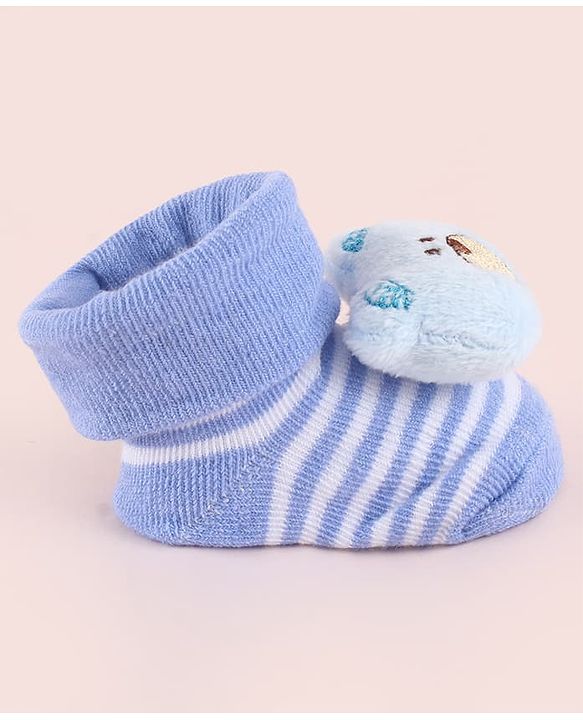 Cute Walk by Babyhug Fabric Socks Shoes With Strips & Large Bear Applique - Blue