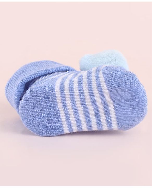Cute Walk by Babyhug Fabric Socks Shoes With Strips & Large Bear Applique - Blue