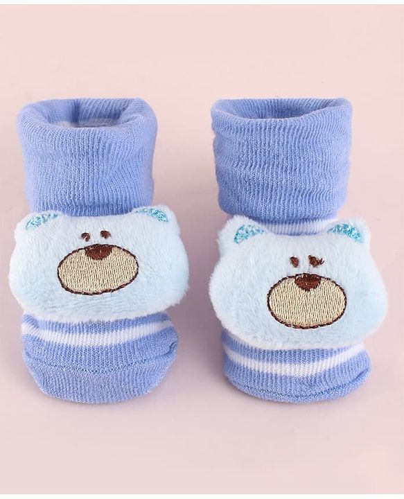 Cute Walk by Babyhug Fabric Socks Shoes With Strips & Large Bear Applique - Blue
