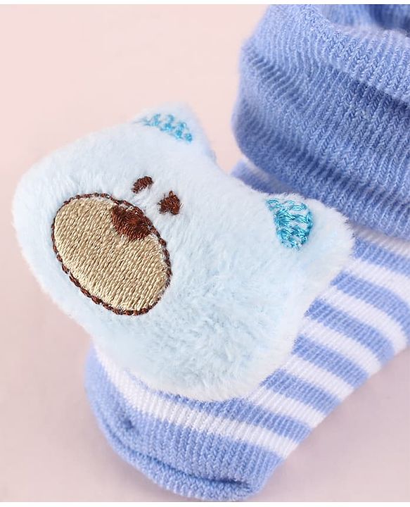 Cute Walk by Babyhug Fabric Socks Shoes With Strips & Large Bear Applique - Blue