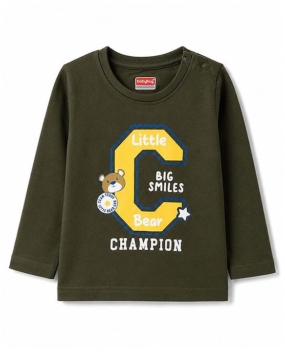 Babyhug 100% Cotton Knit Full sleeves T-Shirts & Pyjama Night Suit With Champion & Star Print - Dark Green