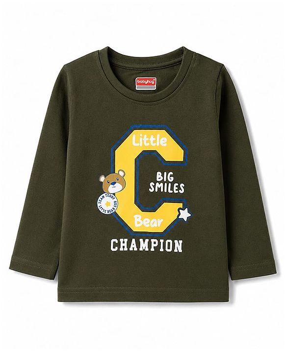 Babyhug 100% Cotton Knit Full sleeves T-Shirts & Pyjama Night Suit With Champion & Star Print - Dark Green