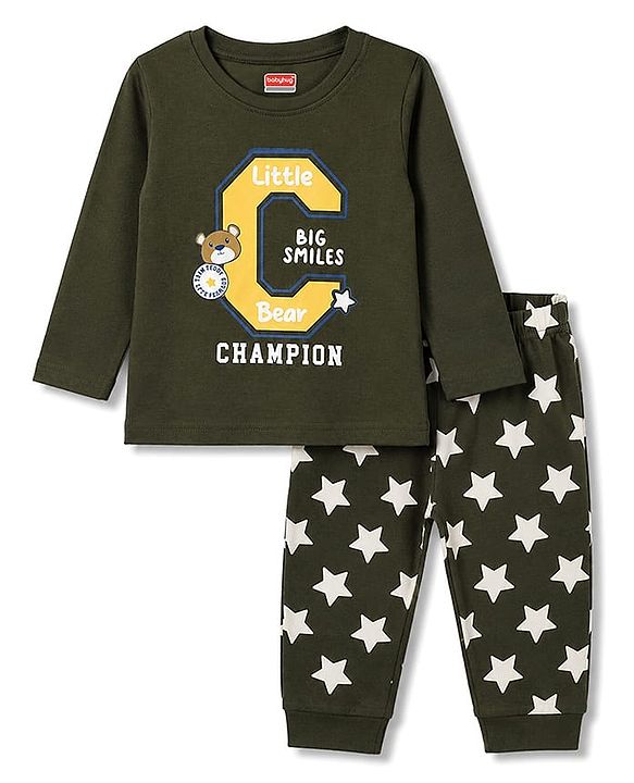Babyhug 100% Cotton Knit Full sleeves T-Shirts & Pyjama Night Suit With Champion & Star Print - Dark Green