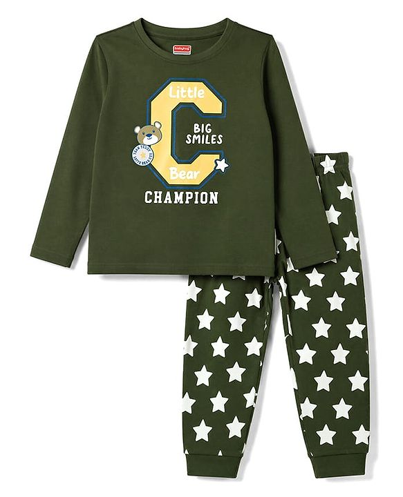 Babyhug 100% Cotton Knit Full Sleeves T-Shirt & Pajama Night Suit with Bear Face & Star Print - Dark Green