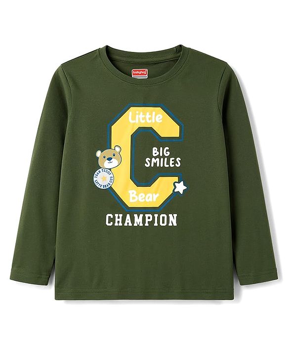 Babyhug 100% Cotton Knit Full Sleeves T-Shirt & Pajama Night Suit with Bear Face & Star Print - Dark Green