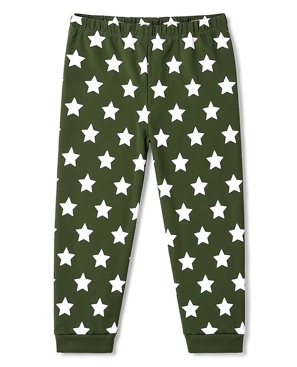 Babyhug 100% Cotton Knit Full Sleeves T-Shirt & Pajama Night Suit with Bear Face & Star Print - Dark Green