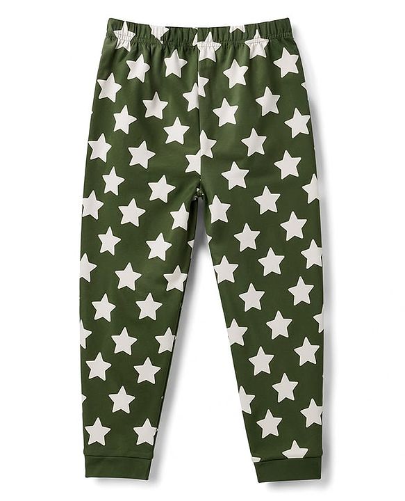 Babyhug 100% Cotton Knit Full Sleeves T-Shirt & Pajama Night Suit with Bear Face & Star Print - Dark Green
