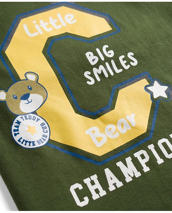Babyhug 100% Cotton Knit Full Sleeves T-Shirt & Pajama Night Suit with Bear Face & Star Print - Dark Green