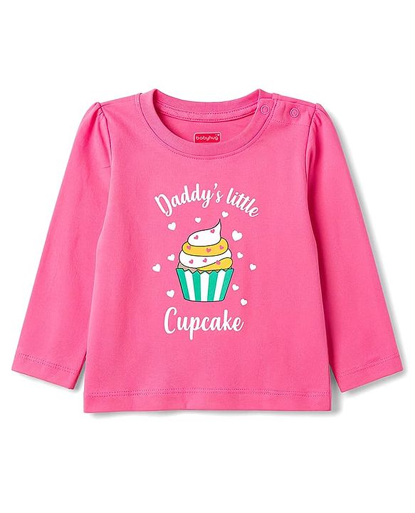 Babyhug 100% Cotton Knit Full Sleeves T-Shirt & Pyjama Night Suit With Cupcake & Heart Print - Pink
