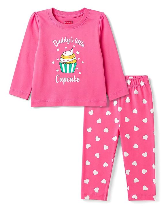Babyhug 100% Cotton Knit Full Sleeves T-Shirt & Pyjama Night Suit With Cupcake & Heart Print - Pink
