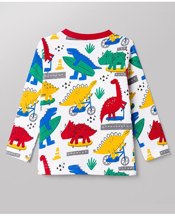 Babyhug 100% Cotton Knit Full Sleeves T-Shirt & Pyjama Night Suit With Dino Print - White