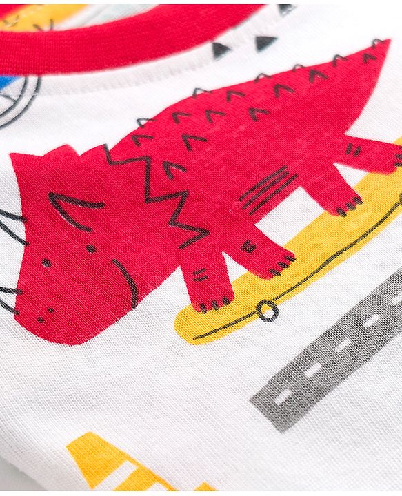 Babyhug 100% Cotton Knit Full Sleeves T-Shirt & Pyjama Night Suit With Dino Print - White
