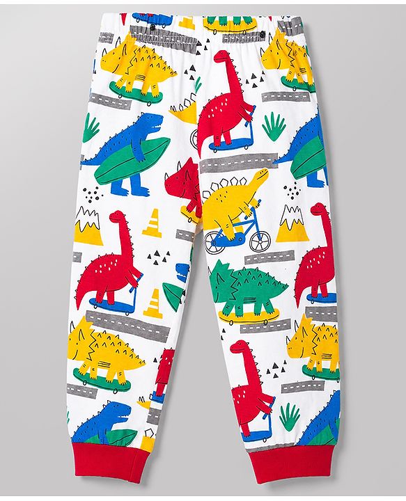 Babyhug 100% Cotton Knit Full Sleeves T-Shirt & Pyjama Night Suit With Dino Print - White