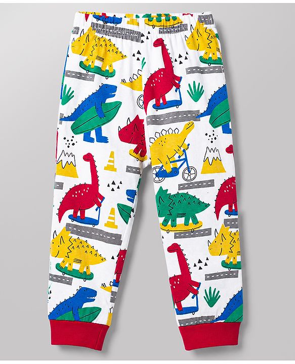 Babyhug 100% Cotton Knit Full Sleeves T-Shirt & Pyjama Night Suit With Dino Print - White