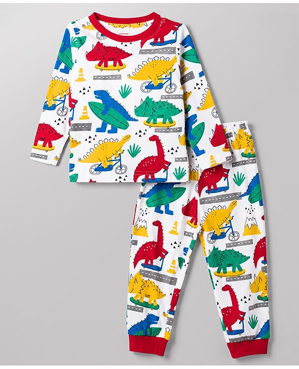 Babyhug 100% Cotton Knit Full Sleeves T-Shirt & Pyjama Night Suit With Dino Print - White