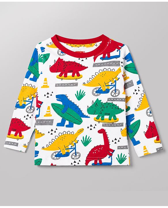 Babyhug 100% Cotton Knit Full Sleeves T-Shirt & Pyjama Night Suit With Dino Print - White