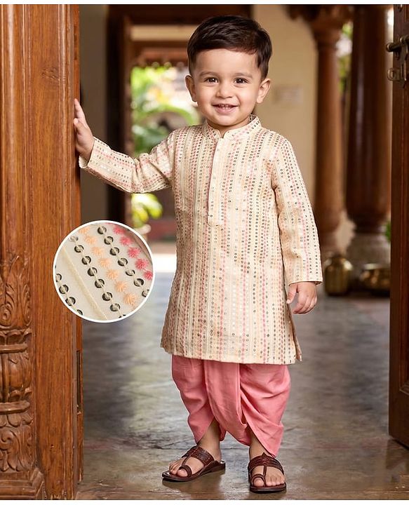 Babyhug Georgett Woven Full Sleeves Striped Sequinned Kurta & Dhoti Set - Beige