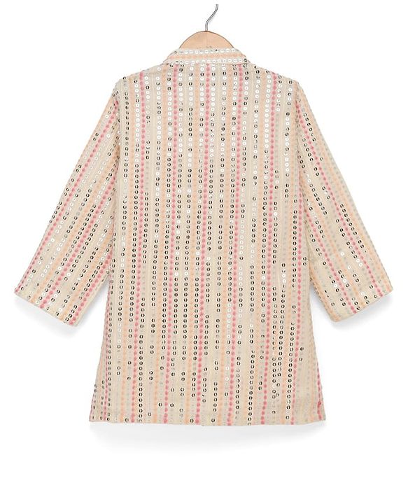 Babyhug Georgett Woven Full Sleeves Striped Sequinned Kurta & Dhoti Set - Beige