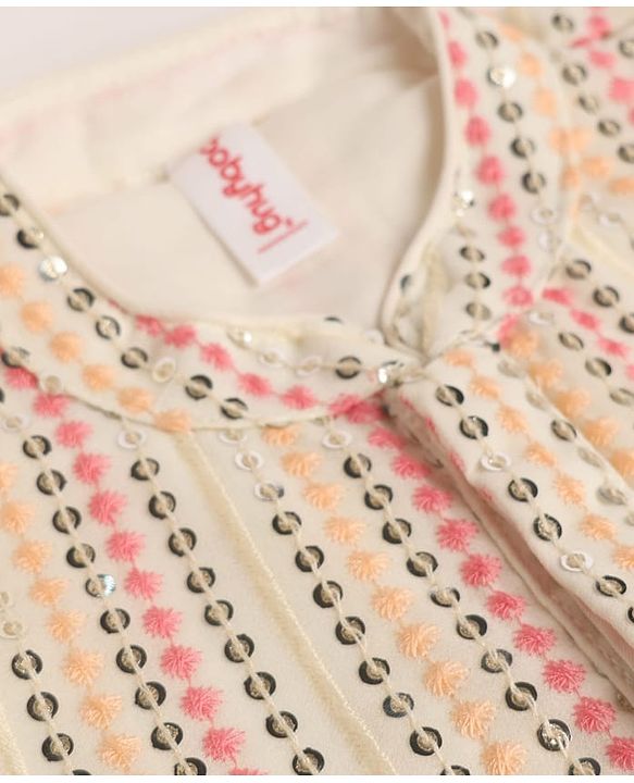 Babyhug Georgett Woven Full Sleeves Striped Sequinned Kurta & Dhoti Set - Beige