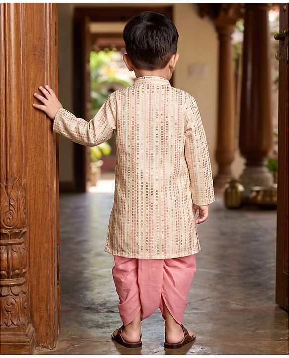 Babyhug Georgett Woven Full Sleeves Striped Sequinned Kurta & Dhoti Set - Beige