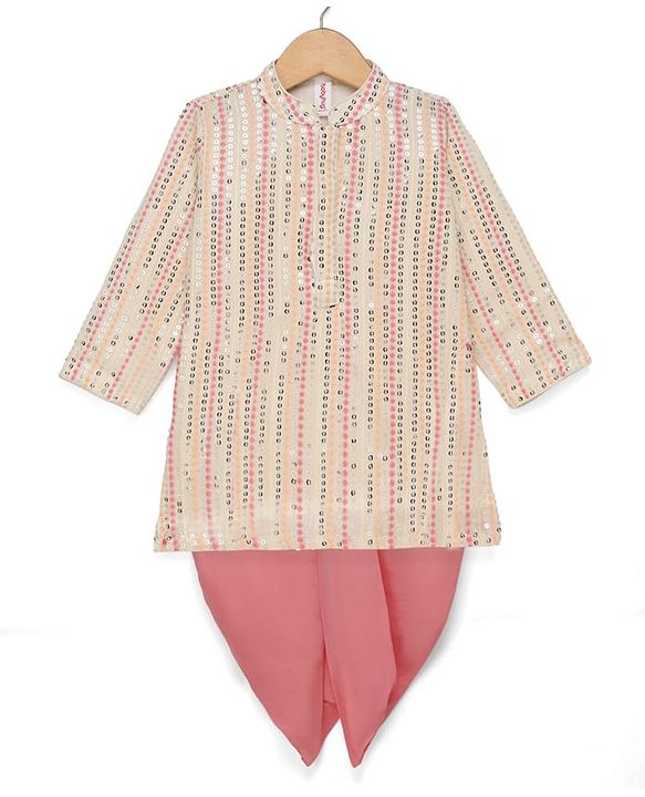 Babyhug Georgett Woven Full Sleeves Striped Sequinned Kurta & Dhoti Set - Beige