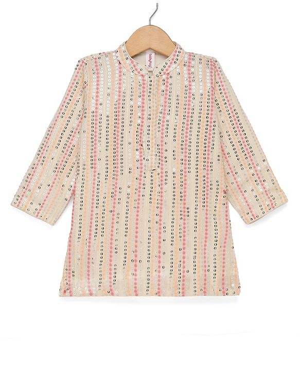 Babyhug Georgett Woven Full Sleeves Striped Sequinned Kurta & Dhoti Set - Beige