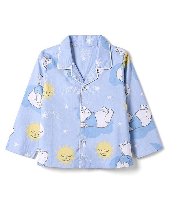 Babyhug Disney 100% Cotton Poplin Woven Shirt & Pyjama Night Suit with Bear Print in Blue