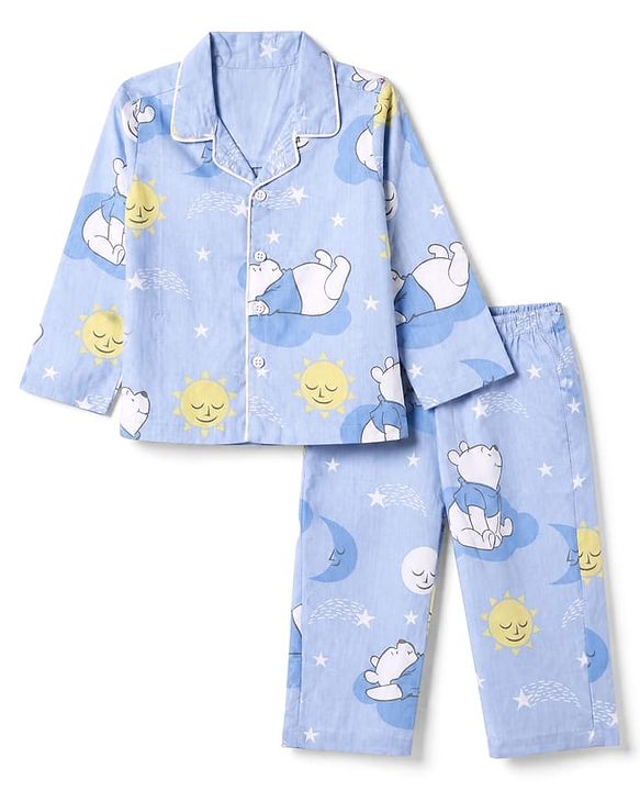 Babyhug Disney 100% Cotton Poplin Woven Shirt & Pyjama Night Suit with Bear Print in Blue