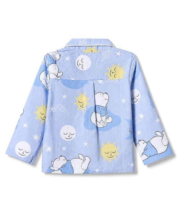 Babyhug Disney 100% Cotton Poplin Woven Shirt & Pyjama Night Suit with Bear Print in Blue