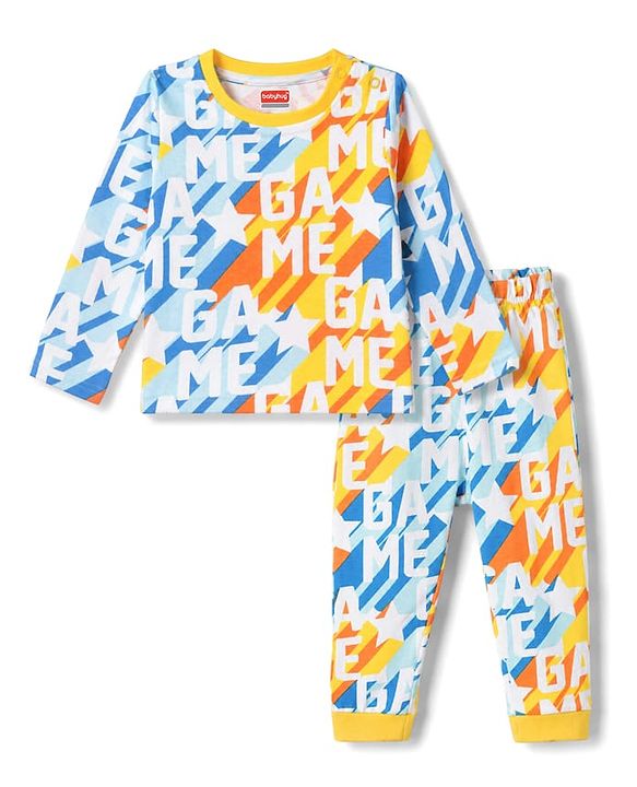 Babyhug 100% Cotton Knit Full Sleeves T-Shirt & Pyjama Co-Ord Night Suit With Text Print - Multicolor